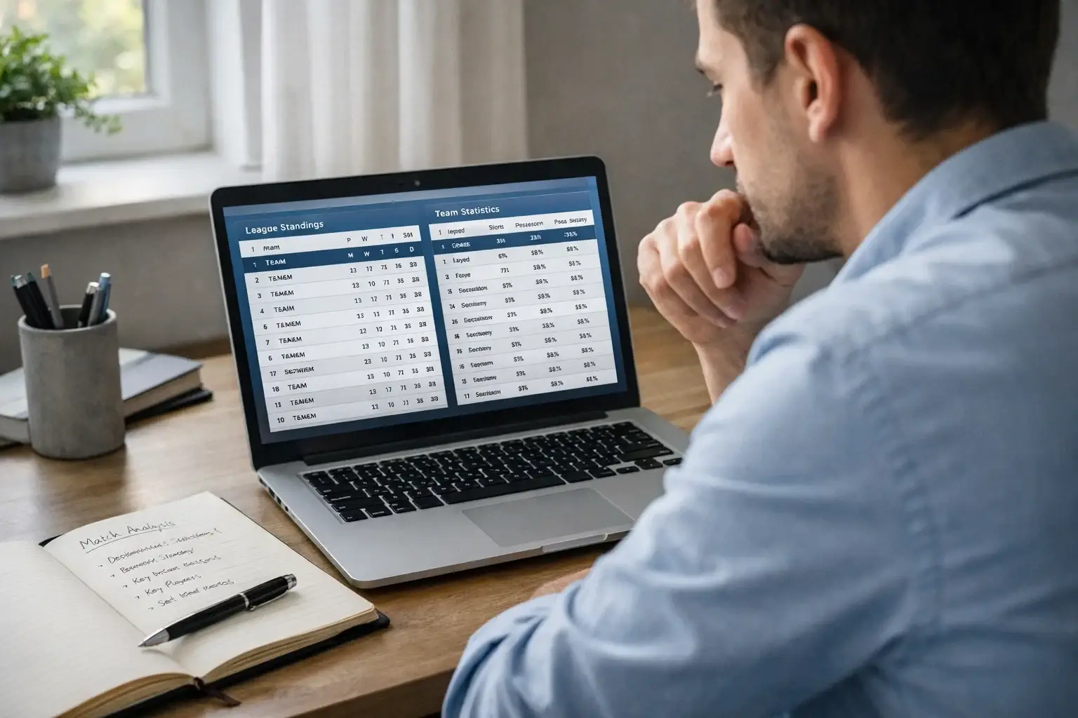 Person analysiert Fußballstatistiken auf einem Laptop