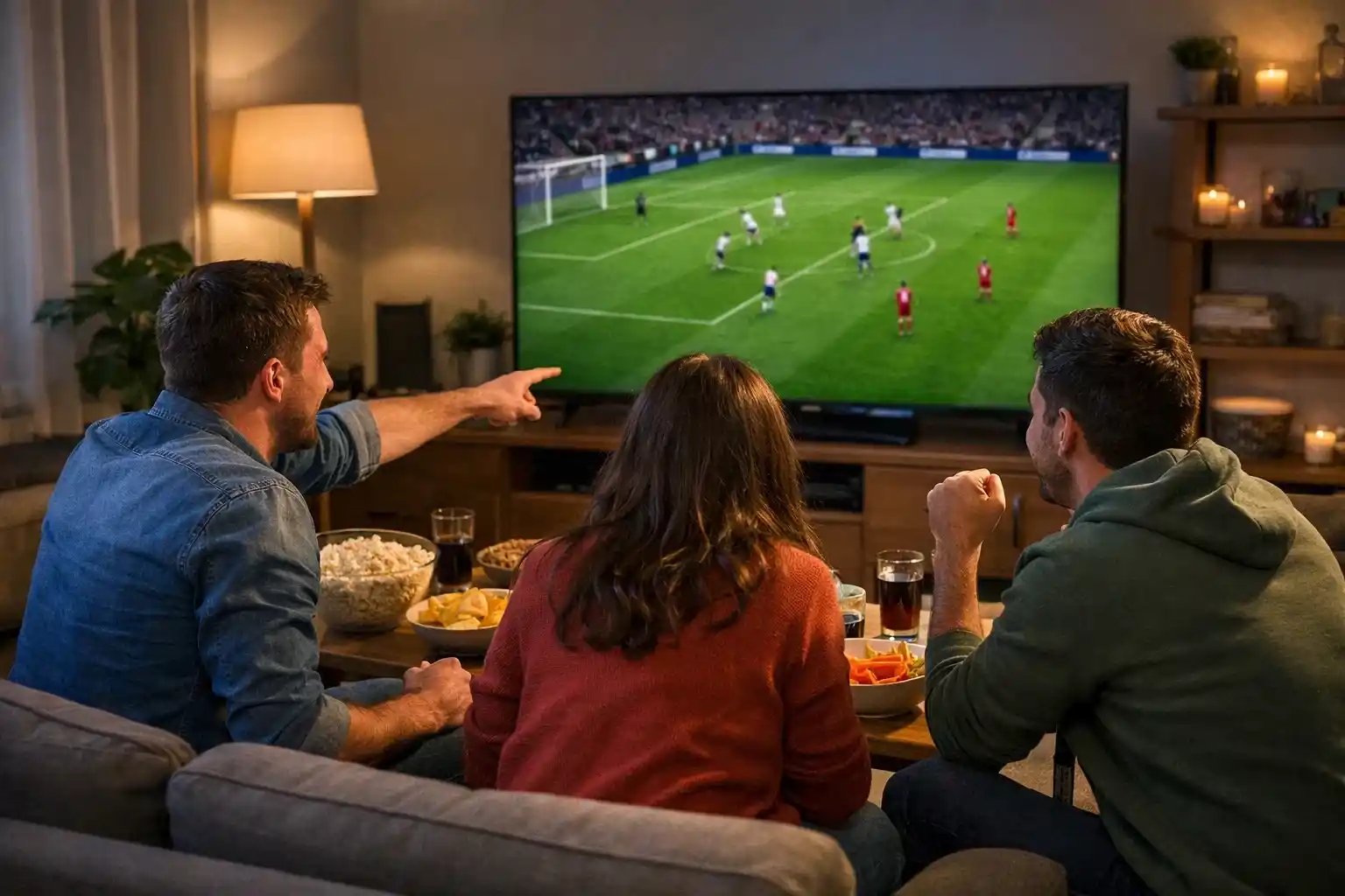 Fußballfans schauen gemeinsam ein Spiel auf einem großen Bildschirm