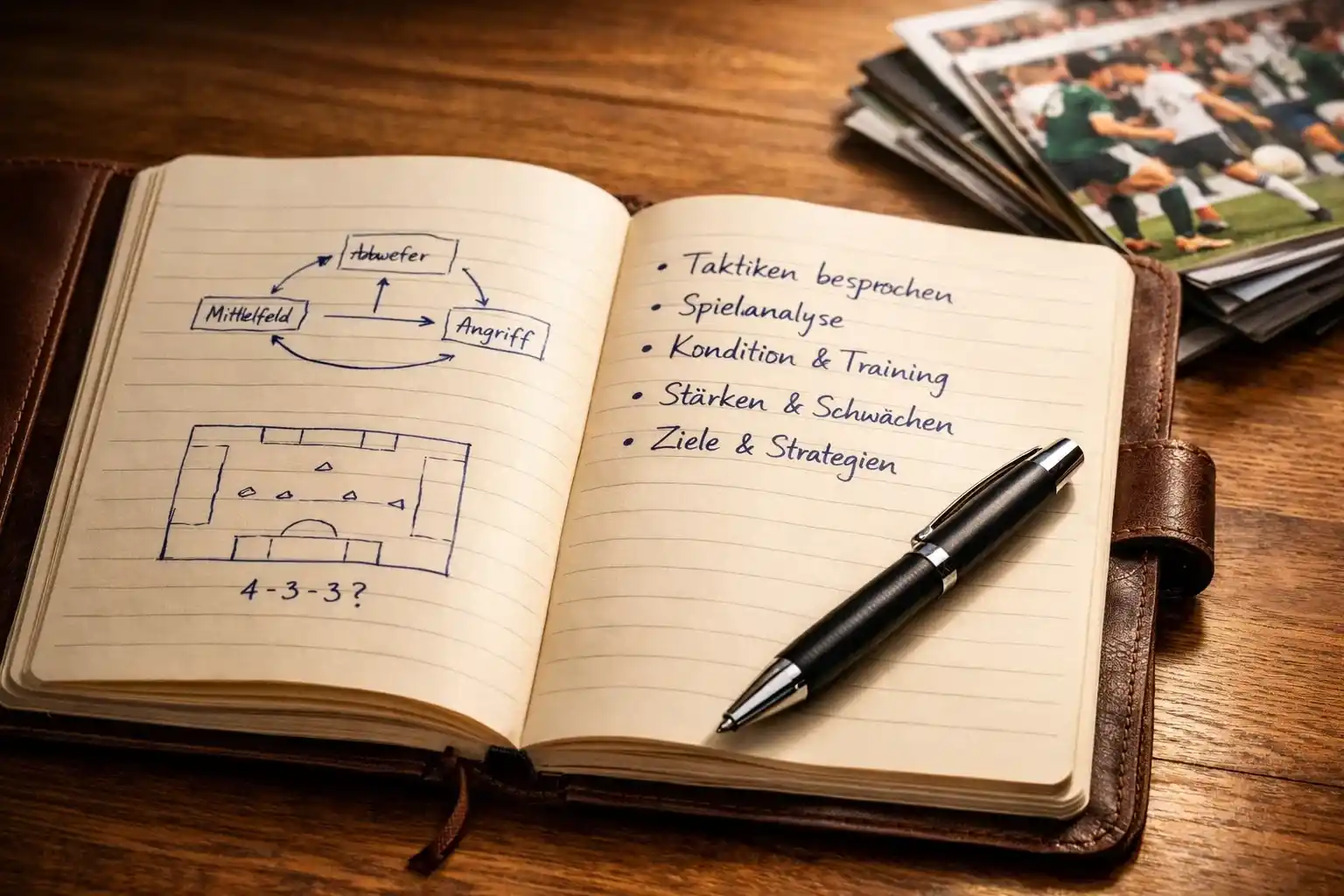 Notizbuch mit handschriftlichen Notizen und Stift auf einem Schreibtisch