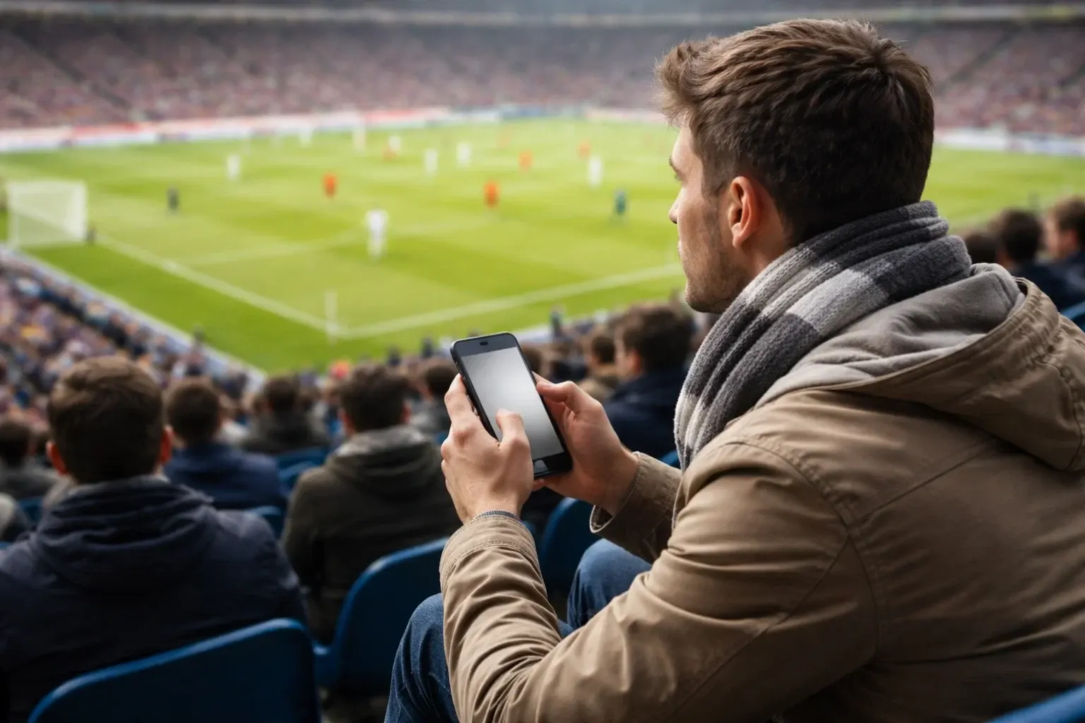 Fan verfolgt Fußballspiel im Stadion mit Smartphone in der Hand